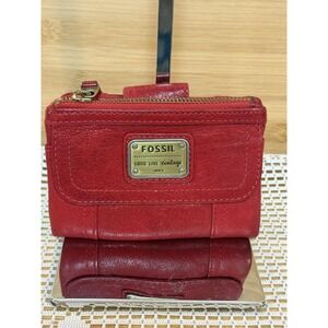 Fossil Long Live Vtg Lamb Leather Wallet Red Compact Trifold Zip Pocket Clutch